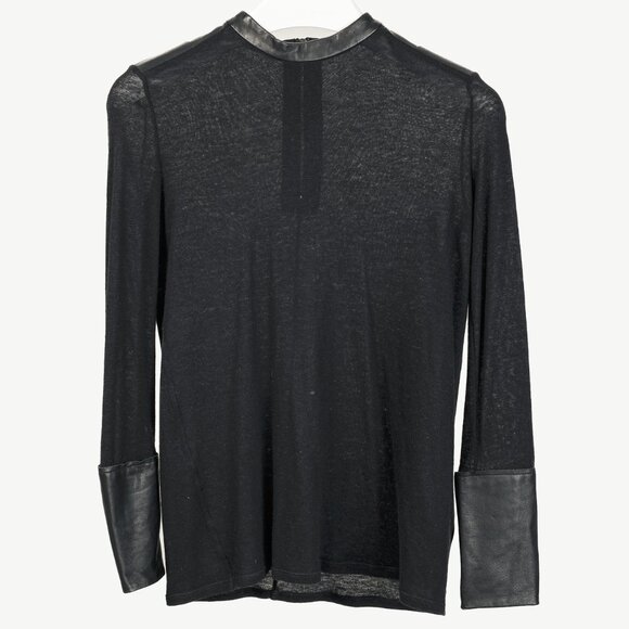 Helmut Lang Black Angora Leather-Trim Cozy Long Sleeve Top - Picture 1 of 11